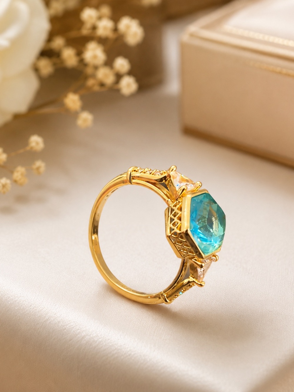 18K Gold Filled Aquamarine Teal Hexagon Three-Stone Ring Size 8